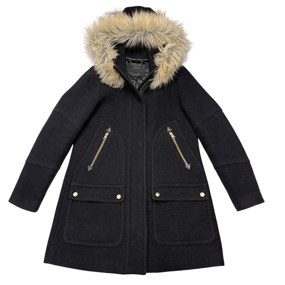J. Crew Chateau Parka Italian Wool Stadium Cloth Coat Size 0 Black Fur Hooded‎